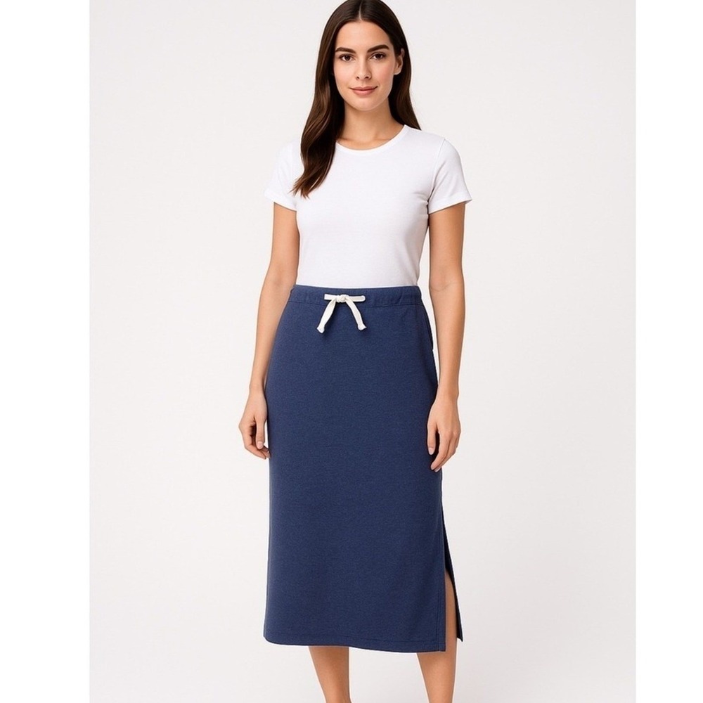 New York & Company Skirt Womens Large Navy Blue Knit Maxi Slit Elastic Waist